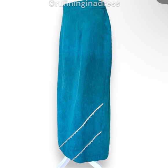 Vintage New Frontier Teal Suede 2-Piece Set Beaded Shirt Jacket & Midi Skirt L - Picture 11 of 16